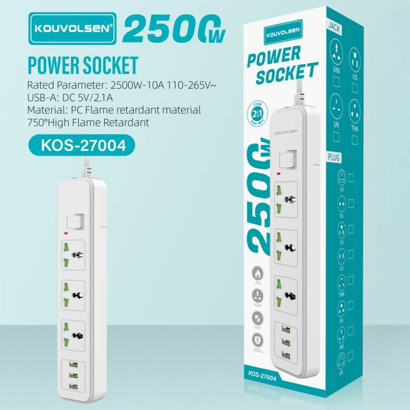 Regleta Multitoma Universal De 3 Enchufes Con 3 Puertos USB. Potencia De 2500W, Cable De 2M y Protección Contra Sobrecalentamiento.