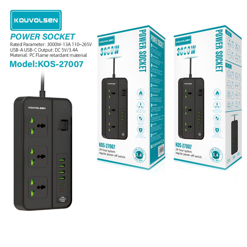 Regleta Multitoma Universal De 3000W Con 3 Enchufes, 4 Puertos USB Y 2 Puertos USB-C. Cable De 2 M, Interruptor Integrado Y Carga Rápida 3.4A.