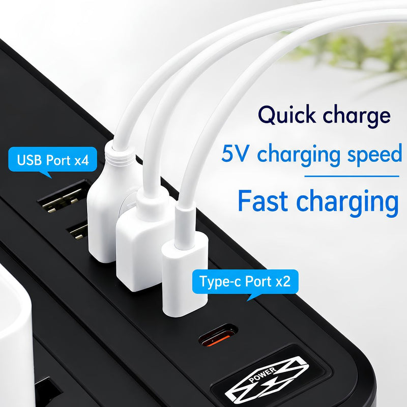 Regleta Multitoma Universal De 3000W Con 3 Enchufes, 4 Puertos USB Y 2 Puertos USB-C. Cable De 2 M, Interruptor Integrado Y Carga Rápida 3.4A.