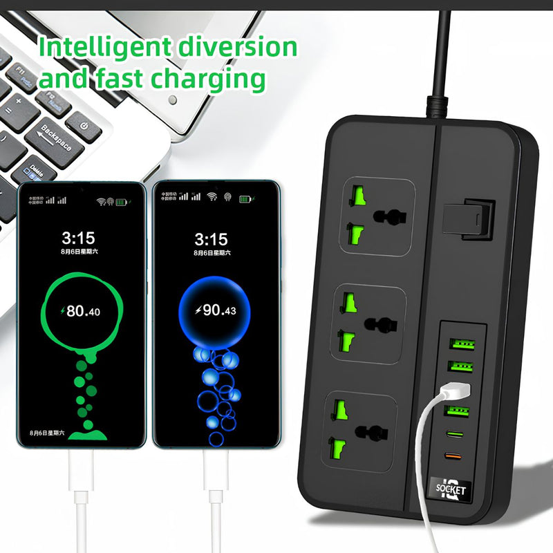 Regleta Multitoma Universal De 3000W Con 3 Enchufes, 4 Puertos USB Y 2 Puertos USB-C. Cable De 2 M, Interruptor Integrado Y Carga Rápida 3.4A.