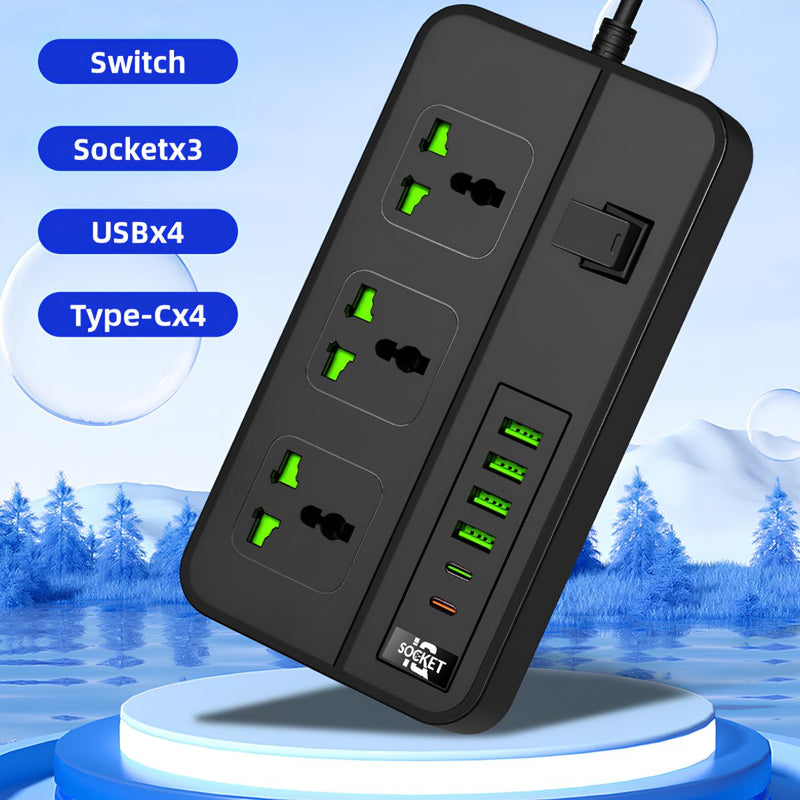 Regleta Multitoma Universal De 3000W Con 3 Enchufes, 4 Puertos USB Y 2 Puertos USB-C. Cable De 2 M, Interruptor Integrado Y Carga Rápida 3.4A.