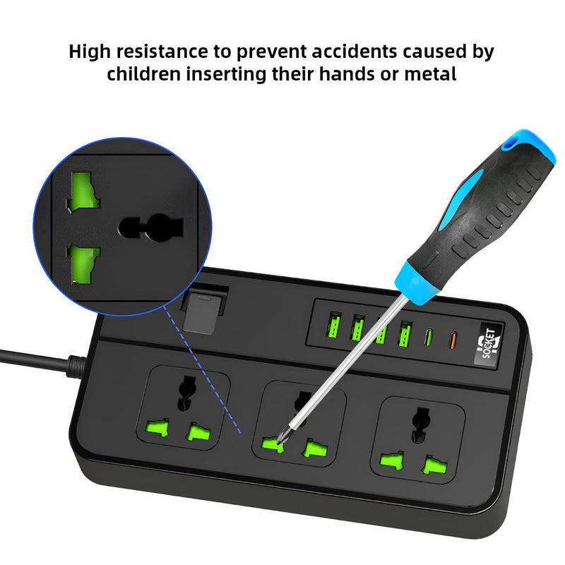 Regleta Multitoma Universal De 3000W Con 3 Enchufes, 4 Puertos USB Y 2 Puertos USB-C. Cable De 2 M, Interruptor Integrado Y Carga Rápida 3.4A.