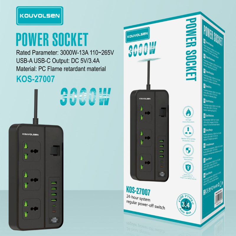 Regleta Multitoma Universal De 3000W Con 3 Enchufes, 4 Puertos USB Y 2 Puertos USB-C. Cable De 2 M, Interruptor Integrado Y Carga Rápida 3.4A.