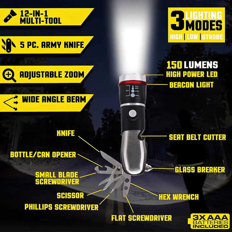 Linterna LED Multifunción De Emergencia Con Herramienta 12 En 1. Iluminación con Alcance Hasta 300M, Rompevidrios Y Cortador De Cinturón Integrados.