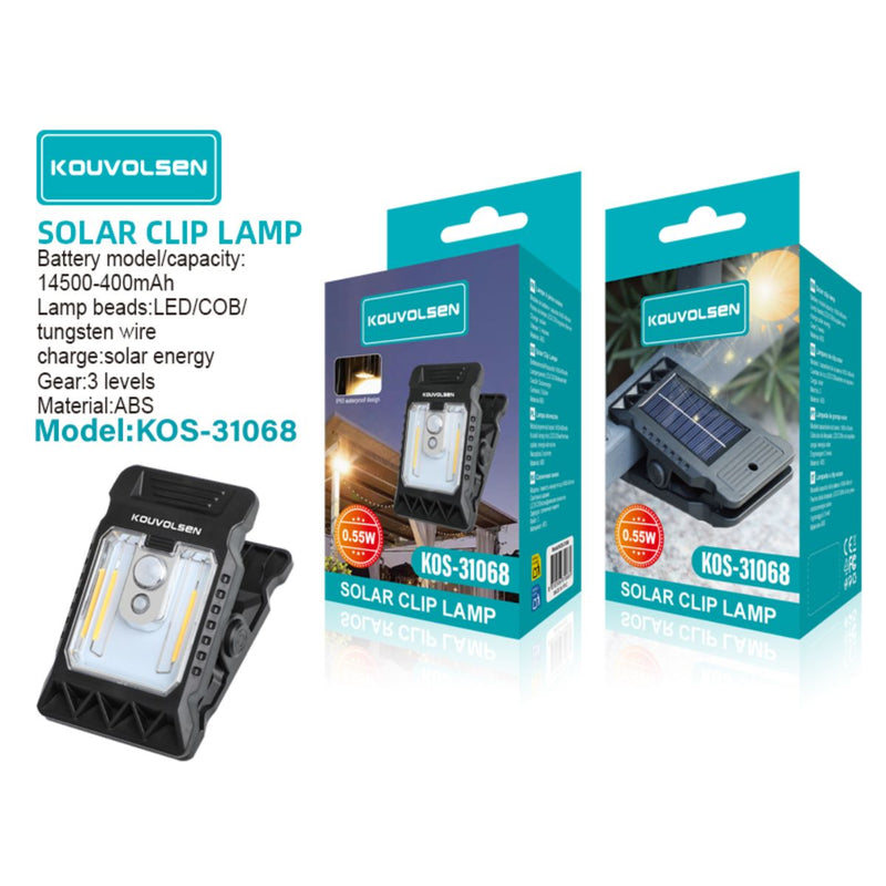 Lámpara Solar LED Con Clip Para Exterior. 3 modos De Iluminación. Luz con panel solar. Ideal Para Camping o Emergencias.