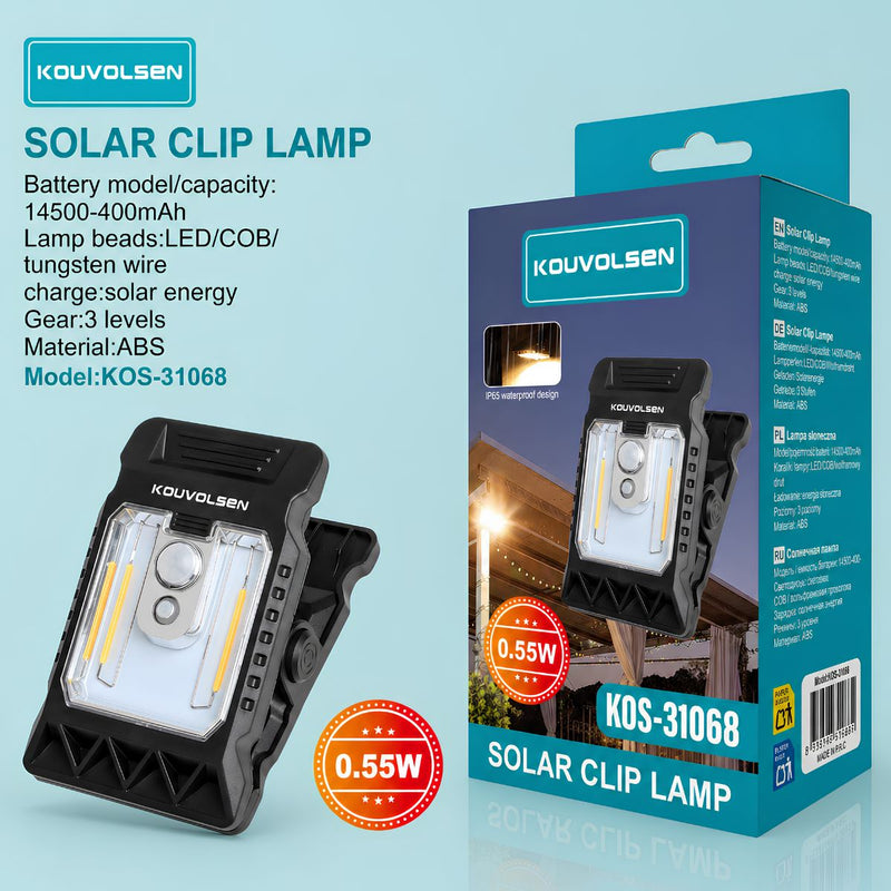Lámpara Solar LED Con Clip Para Exterior. 3 modos De Iluminación. Luz con panel solar. Ideal Para Camping o Emergencias.