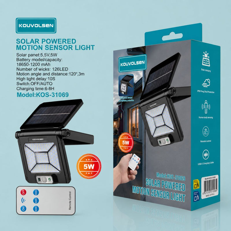 Lámpara Solar LED De Pared Con Sensor De Movimiento Y Control Remoto. Luz Exterior de 126 LEDs con panel solar IP65. Ángulo De Detección 120°.