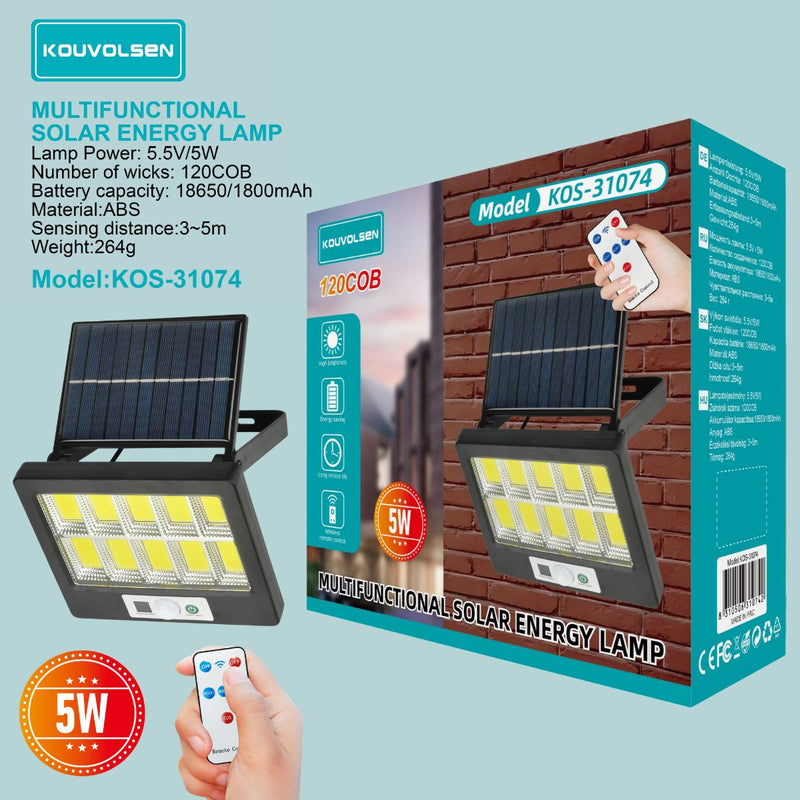 Lámpara Solar LED De Pared Con Sensor De Movimiento Y Control Remoto. Foco luz exterior de 120 LEDs COB con panel solar. Detección De 3 A 5 M.