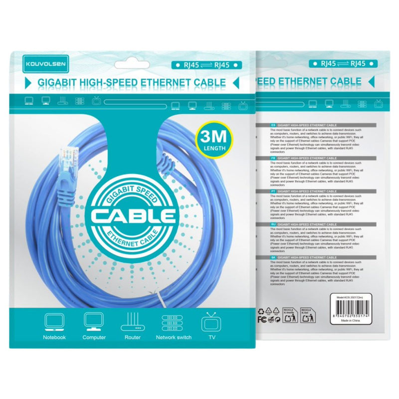 Cable de Red Ethernet RJ45 Gigabit Alta Velocidad (3 metros). Cable LAN para Router, PC, Switch y TV. Color Azul.