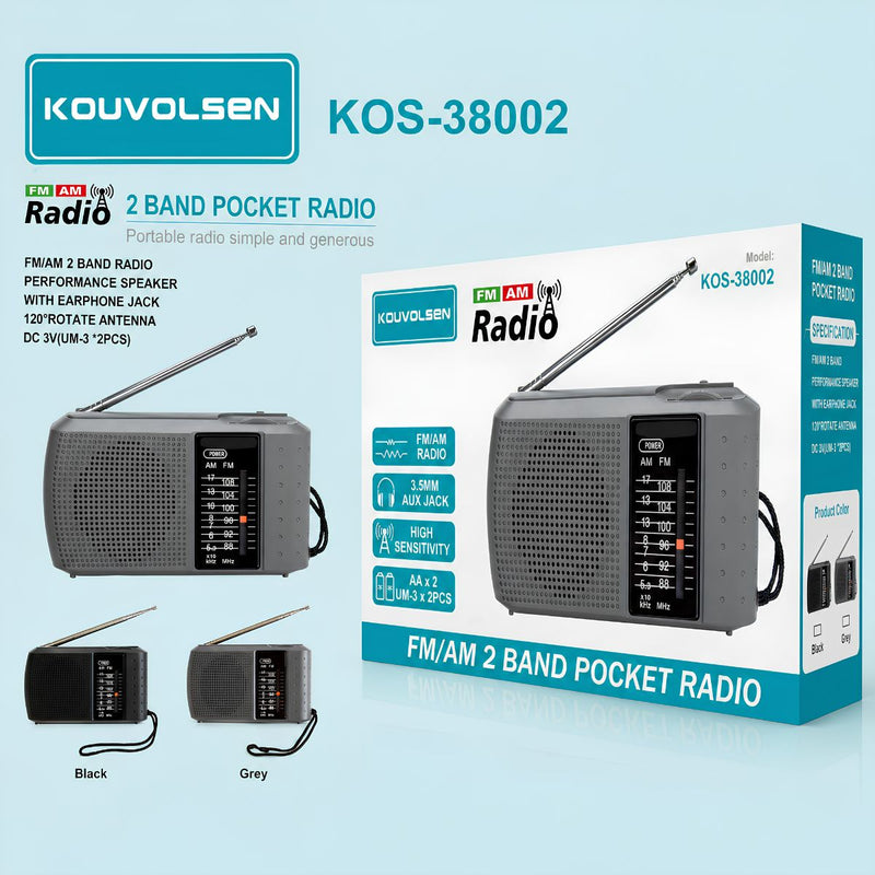 Radio Portátil FM/AM de 2 Bandas con Antena Telescópica y Entrada para Auriculares 3.5 mm. Color Gris.