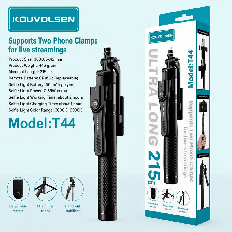 Trípode Extensible Con Soporte Para 2 Celulares Simultáneamente. Selfie Stick Ideal Para Videos o Streaming. Alcance Inalámbrico De Hasta 10M.