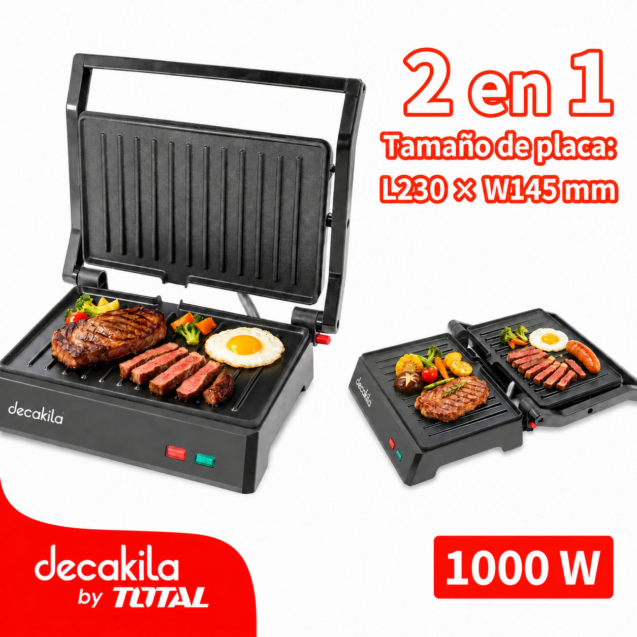 Plancha o Parrilla Eléctrica 2 en 1 para 2 sandwich, 1000W,120V/60Hz, L230xW145mm