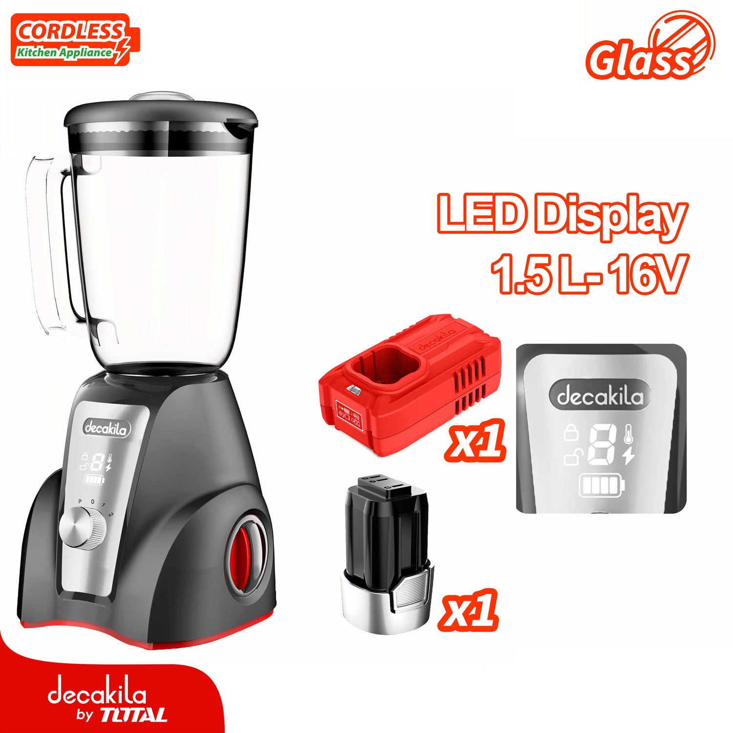 Licuadora Inalámbrica Gris 1.5L 300W 16V 2 Velocidades. Jarra De Vidrio. Incluye Batería Y Cargador.