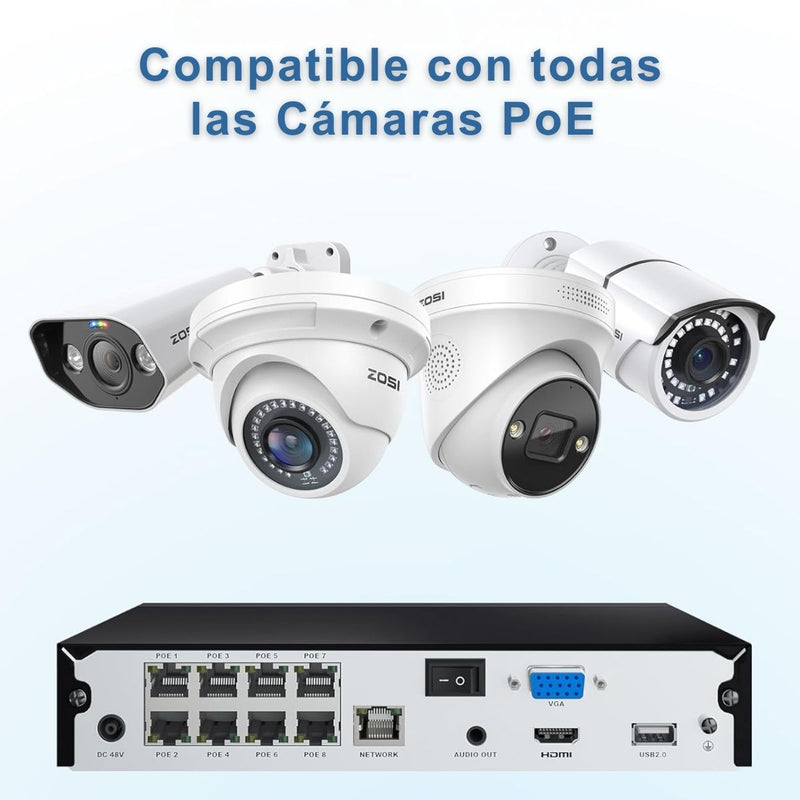 NVR PoE 8 Canales 8MP 4K con Compresión H.265+. Servidor de videovigilancia con  Salida HDMI y VGA. Soporta Disco Duro hasta 8TB