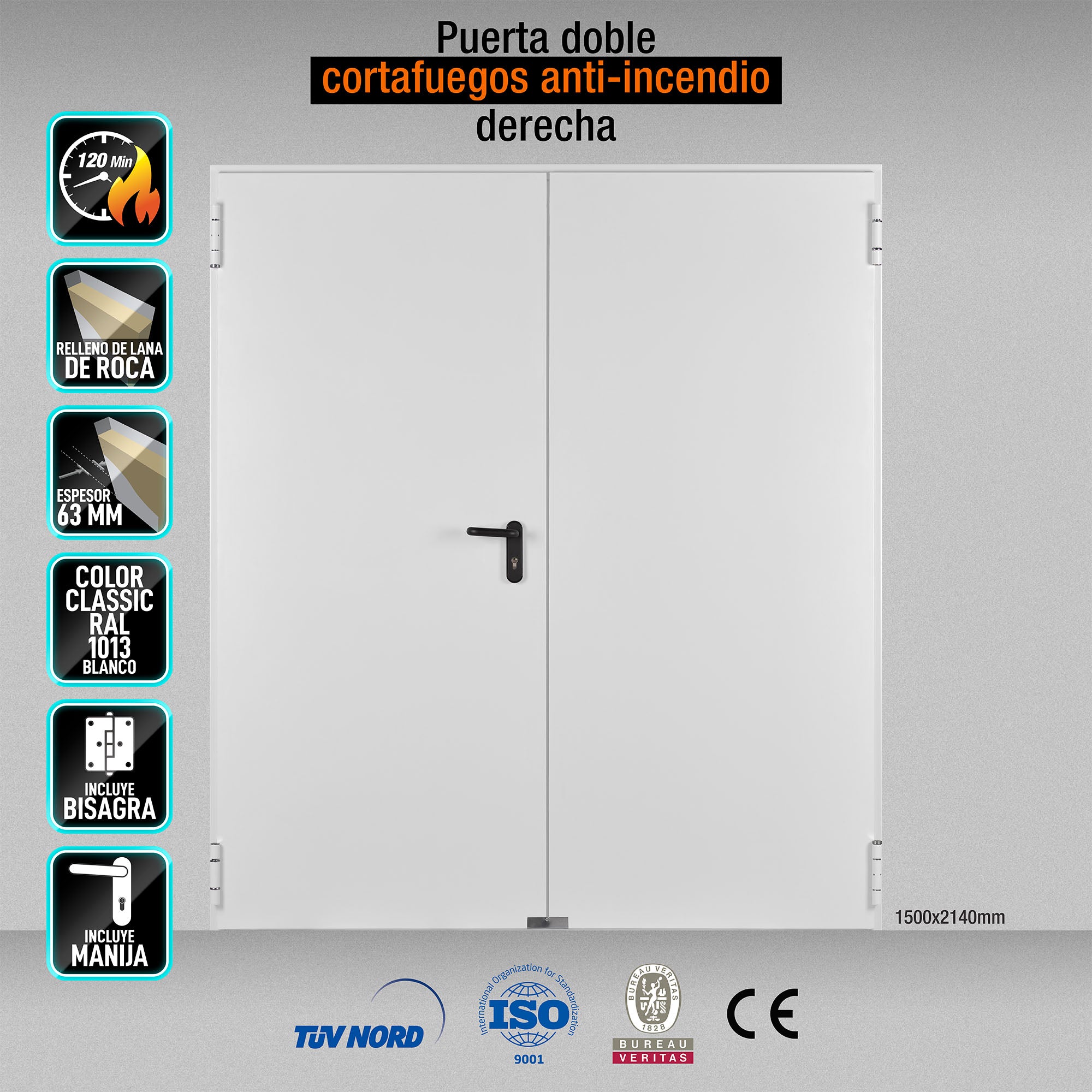 Puerta Cortafuegos anti incendio Doble Derecha EI120 minutos 1500x2140mm marco MC3 color Blanca 1013