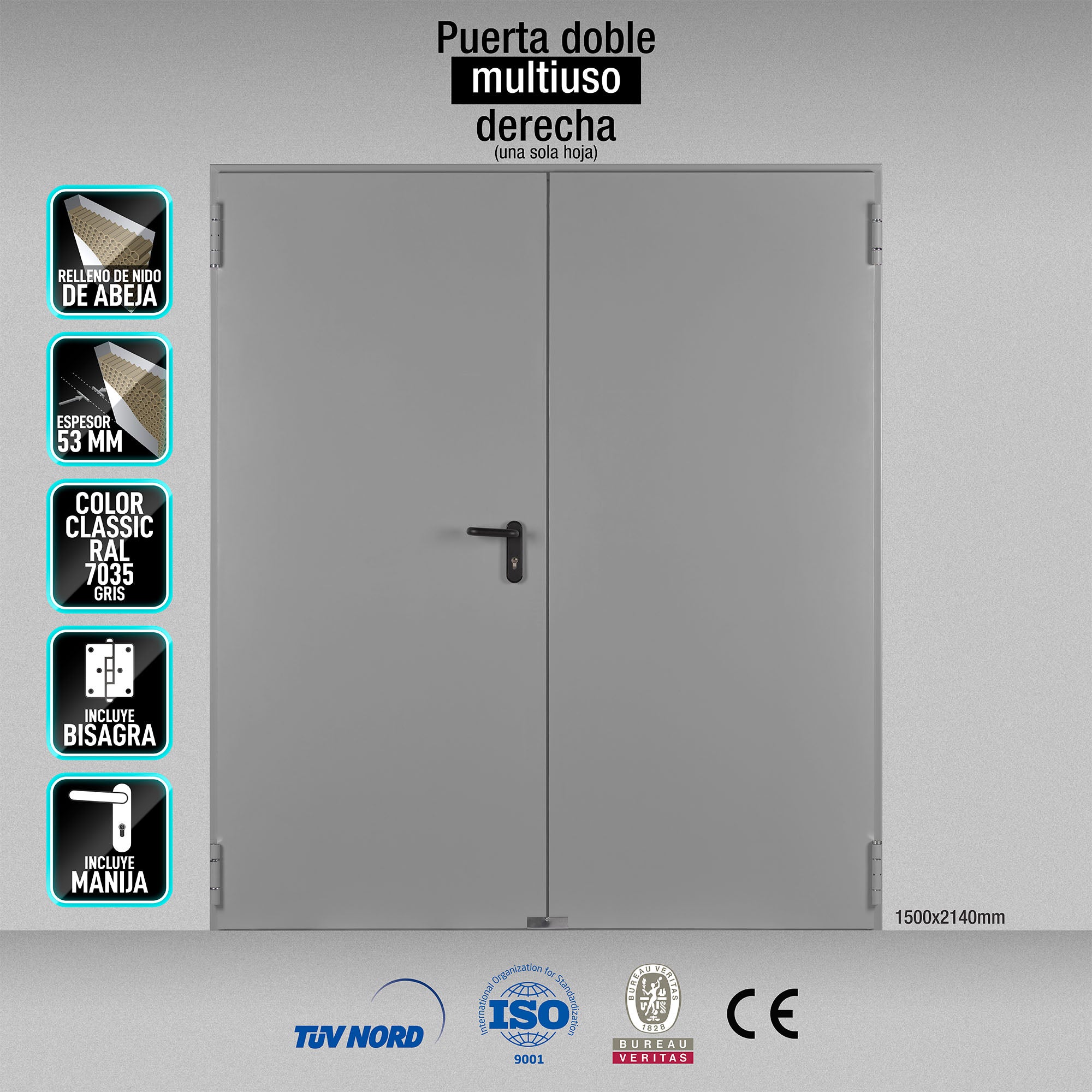 Puerta Doble Multiuso DERECHA 1500x2140mm marco MC3 color Gris 7035