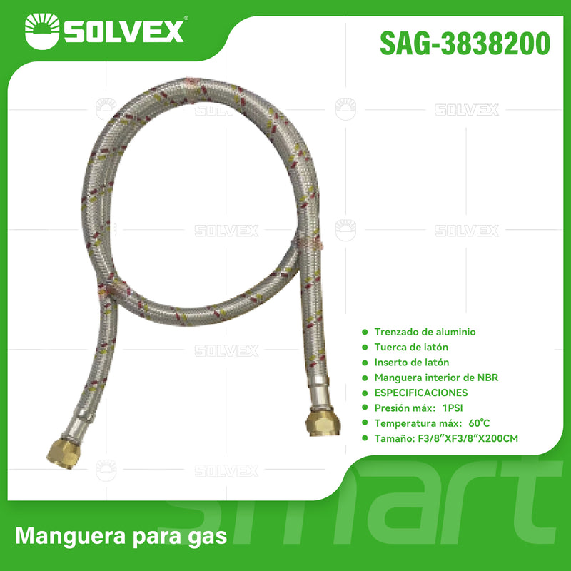 Manguera Para Gas Flexible 200Cm Trenzada En Aluminio. Tubo De Abasto Con Tuercas De Latón F3/8'' x F3/8''.