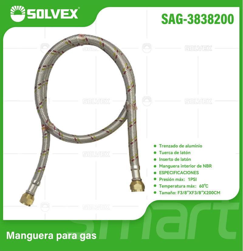 Manguera Para Gas Flexible 200Cm Trenzada En Aluminio. Tubo De Abasto Con Tuercas De Latón F3/8'' x F3/8''.