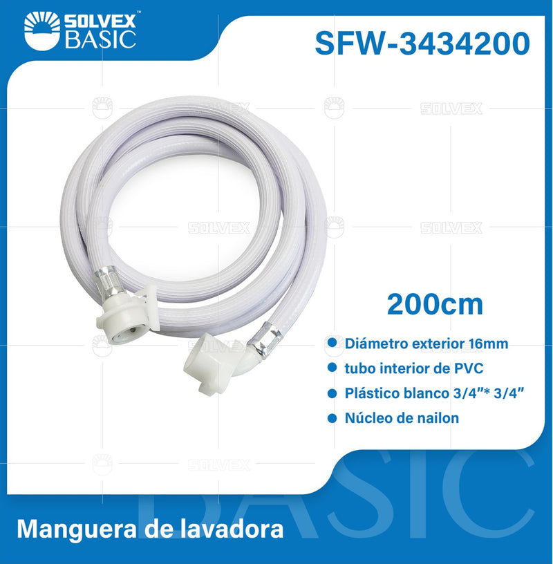 Manguera de Abasto para Lavadora 200cm 3/4"x3/4". Tubo PVC Reforzado.