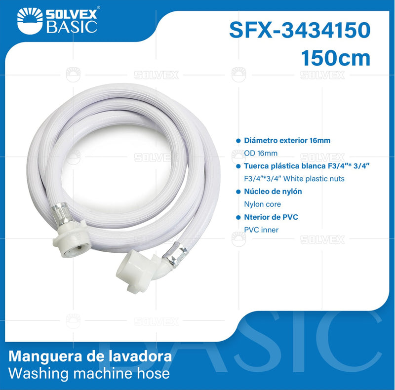 Manguera de Abasto para Lavadora 150cm 3/4"x3/4". Tubo PVC Reforzado.
