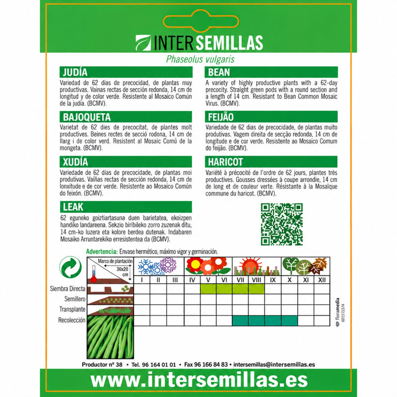 Semillas de Judía Stringless Blue Lake (25 g). Ideales para Cultivar en Huertos y Jardines.