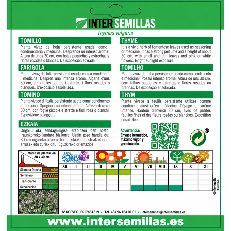Semillas de Tomillo (0,2 g). Thymus vulgaris Ideales para Cultivar en Jardines y Macetas.