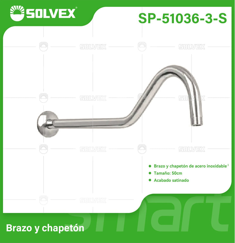 Brazo de Ducha curvo 50 cm. Tubo de Acero Inoxidable con Chapetón para regadera. Acabado satinado.