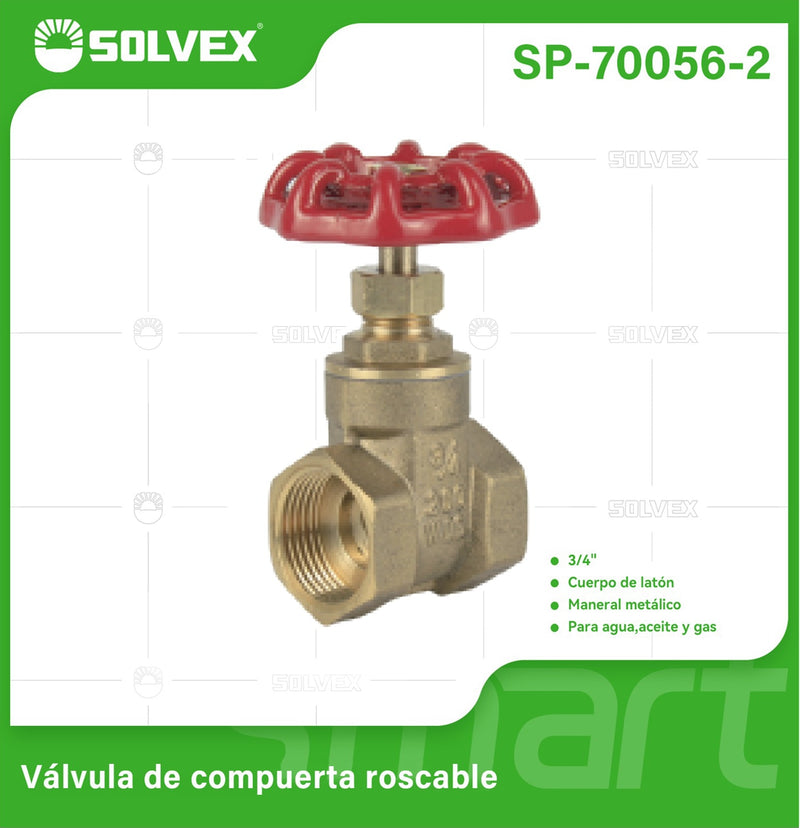 Válvula De Compuerta 3/4" De Latón Roscable 200 PSI. Para Agua, aceite y gas.