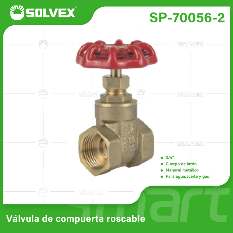 Válvula De Compuerta 3/4" De Latón Roscable 200 PSI. Para Agua, aceite y gas.