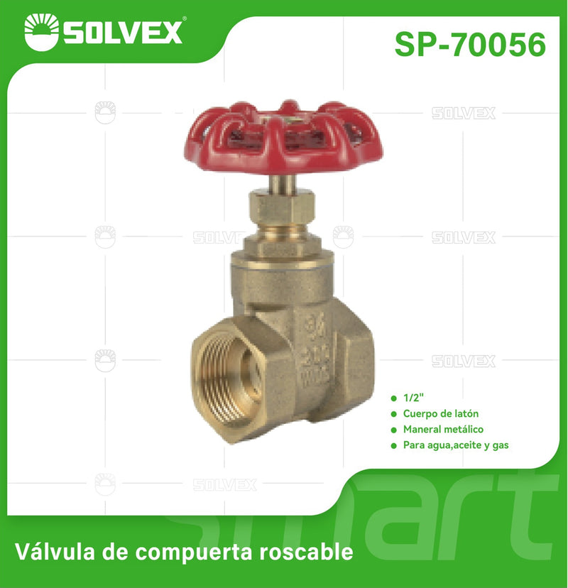 Válvula De Compuerta 1/2" De Latón Roscable 200 PSI. Para Agua, aceite y gas.