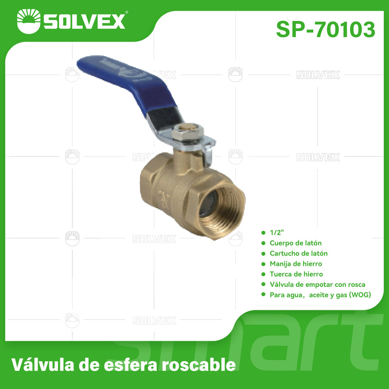 Válvula De Bola 1/2" Roscable De Latón Con Manija Metálica. Para Agua, Aceite Y Gas (WOG).