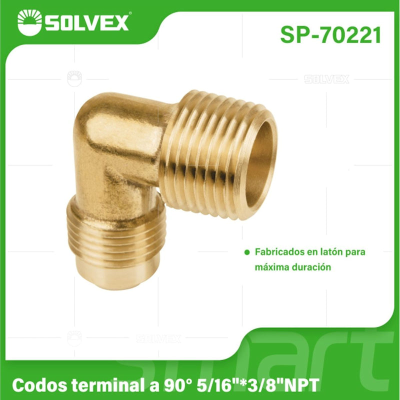 Codo De 90° 5/16" x 3/8" NPT de latón. Conector Para Gas Y Plomería.
