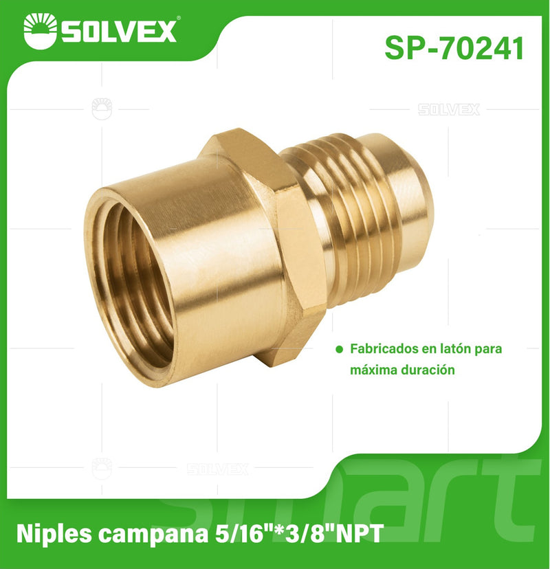 Niple Campana De Latón 5/16" x 3/8" NPT. Rosca Interna Y Externa. Conector Para Gas Y Plomería.
