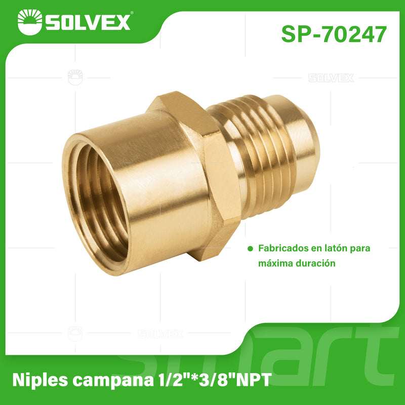 Niple Campana De Latón 1/2" x 3/8" NPT. Rosca Interna Y Externa. Conector Para Gas Y Plomería.