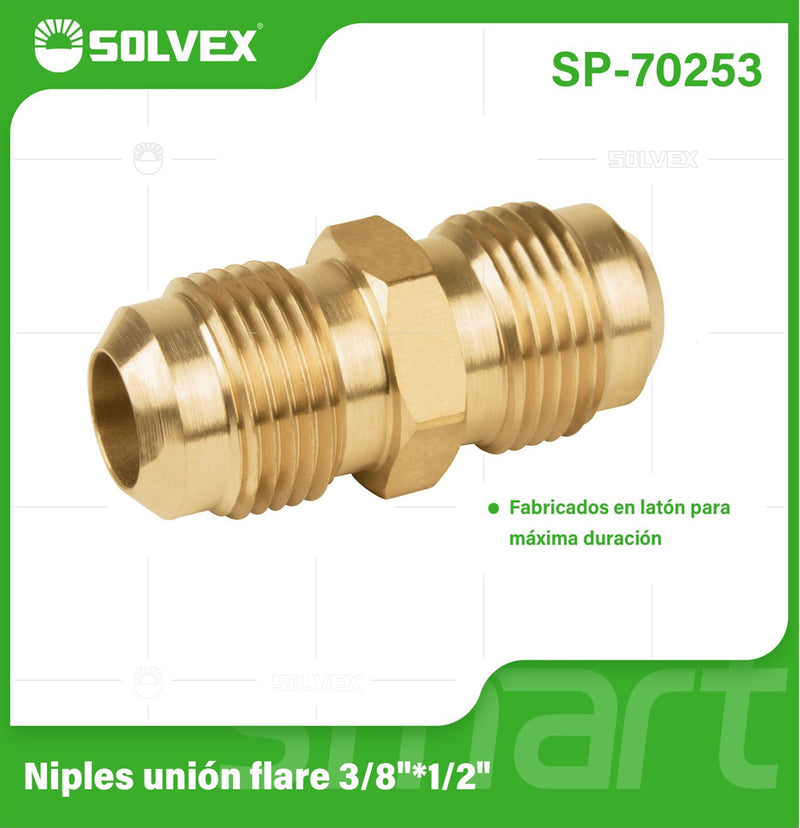 Niple Unión Flare 3/8" x 1/2" De Latón. Conector Para Gas Y Plomería.