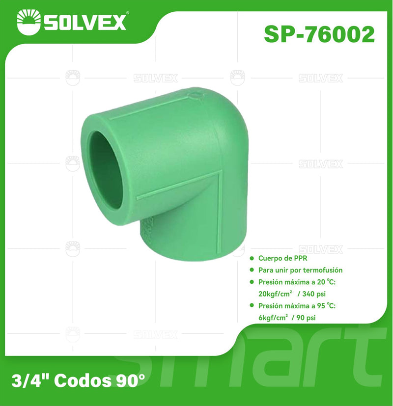 Codo PPR 90° 3/4". Conector Termofusión Para Agua Fría y Caliente. Alta Presión.
