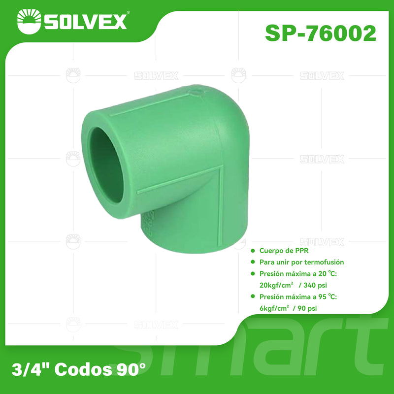 Codo PPR 90° 3/4". Conector Termofusión Para Agua Fría y Caliente. Alta Presión.