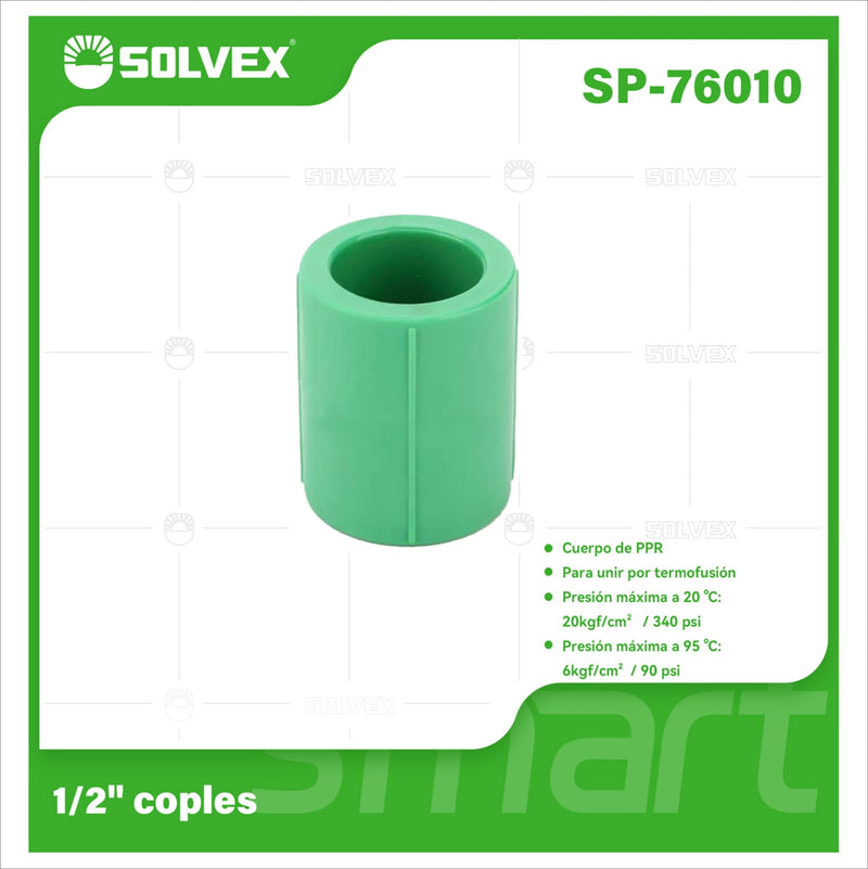 Cople De PPR 1/2". Unión Recta Para Tuberías Termofusión Agua Fría Y Caliente. Coupling.