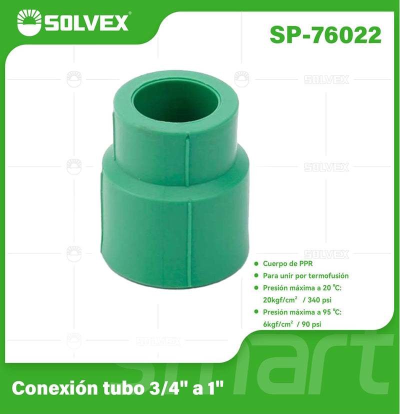 Reducción PPR 3/4" a 1". Conexión Termofusión para Tuberías de Agua. Adaptador reductor.