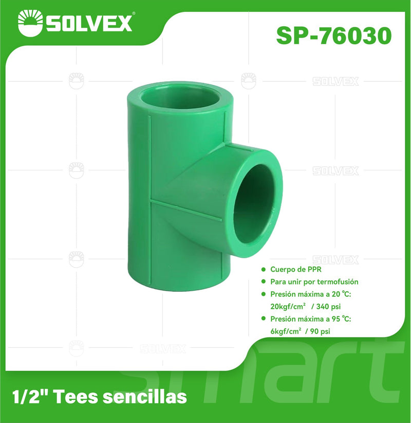 Tee PPR 1/2". Conector en T para Tuberías de Agua. Unión Termofusión.