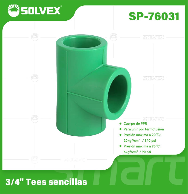 Tee PPR 3/4". Conector en T para Tuberías de Agua. Unión Termofusión.