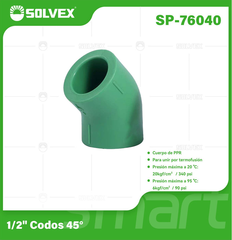 Codo PPR 45° 1/2". Conexión Termofusión para Tuberías de Agua.
