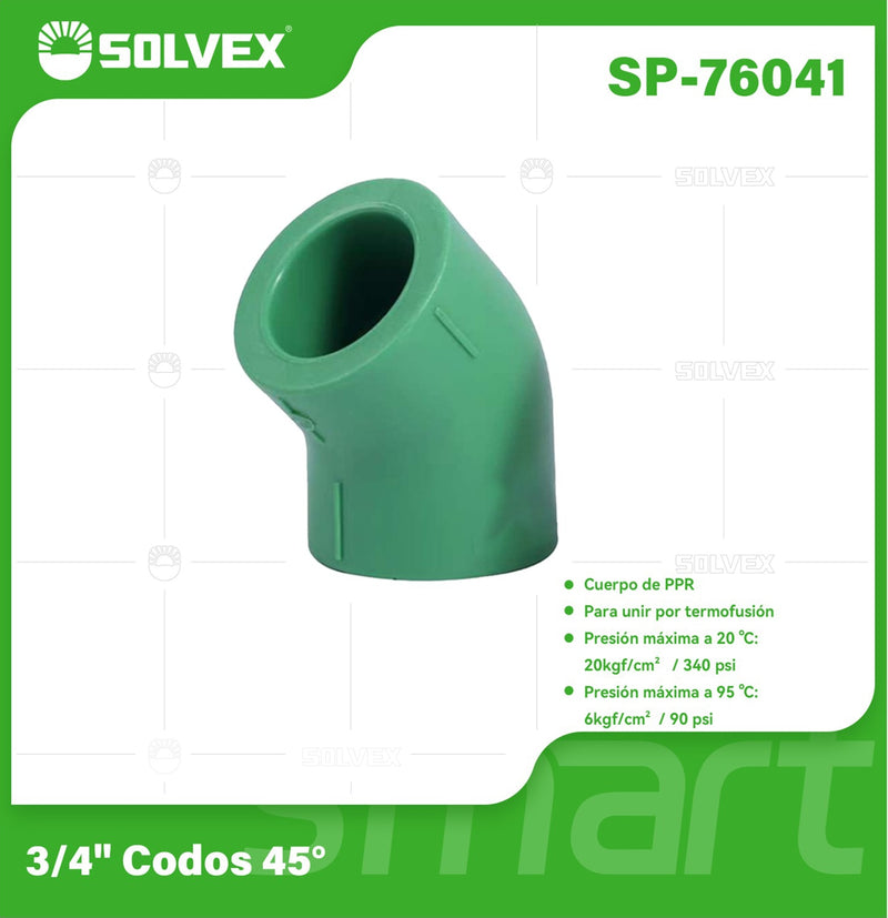 Codo PPR 45° 3/4". Conexión Termofusión para Tuberías de Agua.