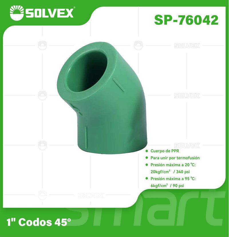 Codo PPR 45° 1". Conexión Termofusión para Tuberías de Agua.