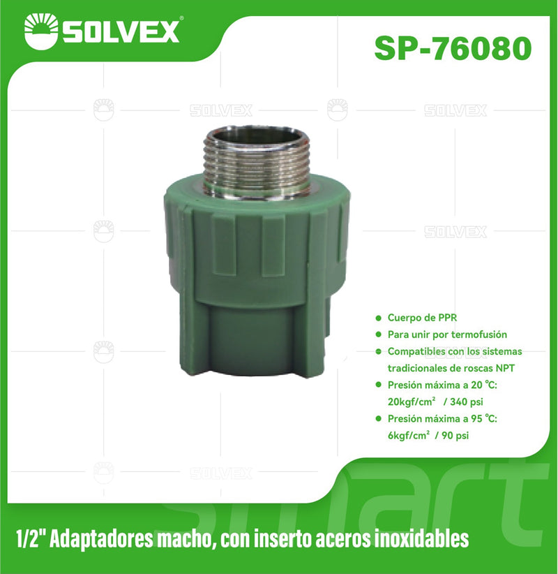 Adaptador PPR Macho 1/2" con Inserto de Acero Inoxidable. Conector Termofusión para Agua.