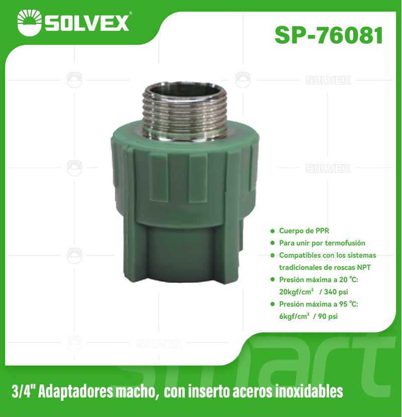 Adaptador PPR Macho 3/4" con Inserto de Acero Inoxidable. Conector Termofusión para Agua.