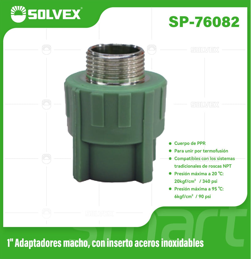 Adaptador PPR Macho 1" con Inserto de Acero Inoxidable. Conector Termofusión para Agua.