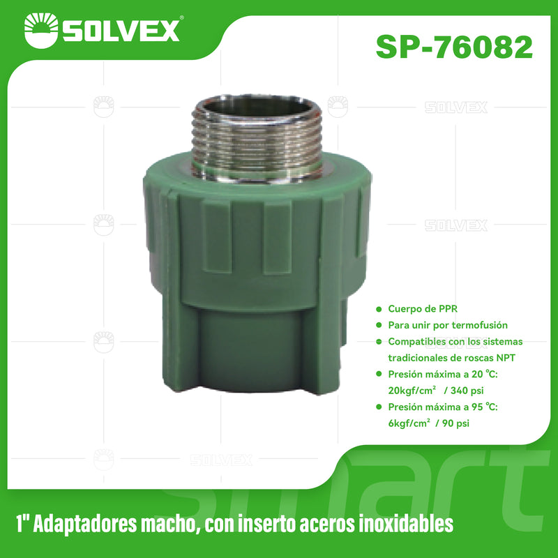 Adaptador PPR Macho 1" con Inserto de Acero Inoxidable. Conector Termofusión para Agua.