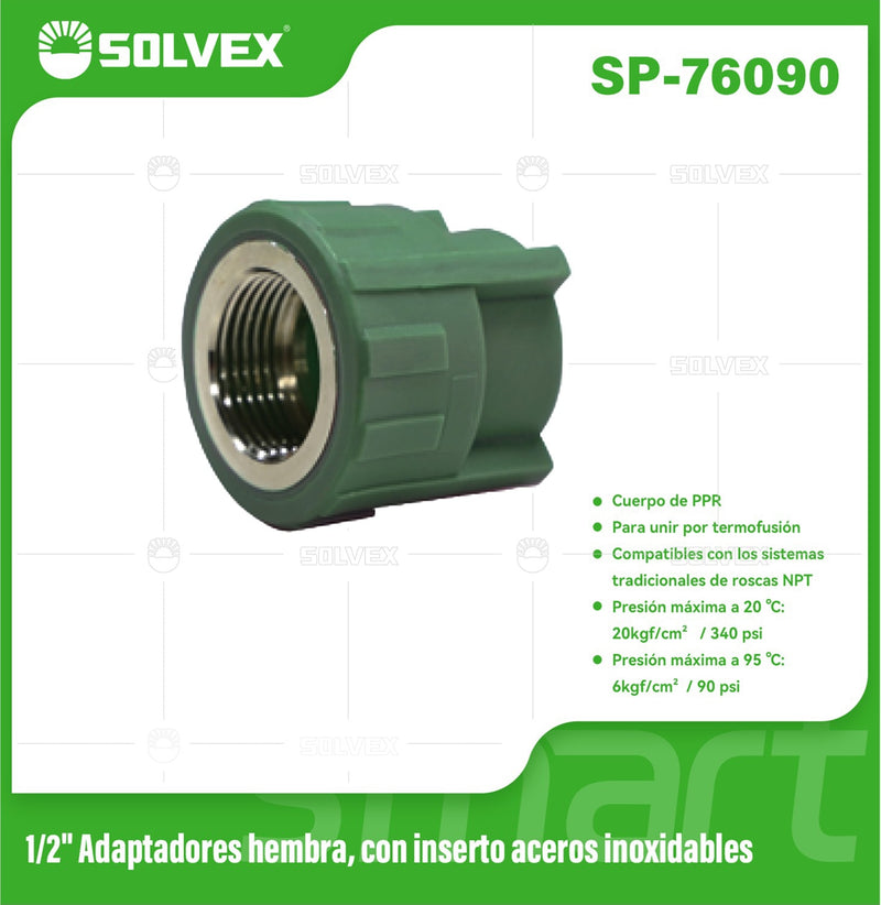 Adaptador PPR Hembra 1/2" con Inserto en Acero Inoxidable. Conector Termofusión para Agua.