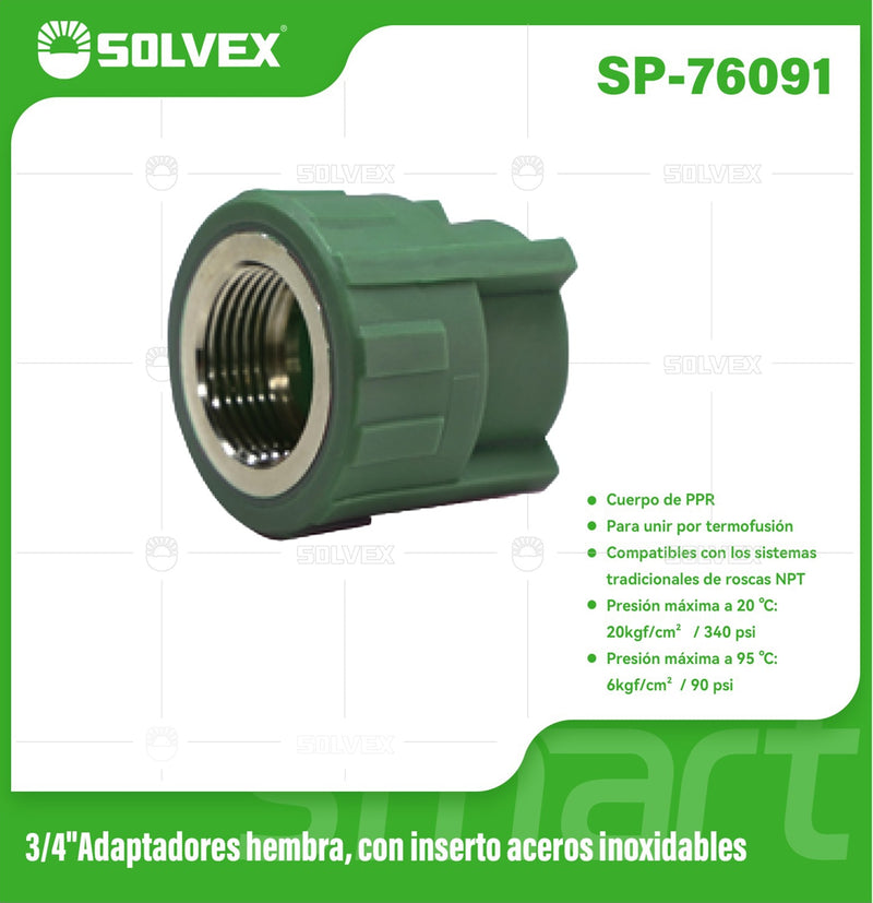 Adaptador PPR Hembra 3/4" con Inserto en Acero Inoxidable. Conector Termofusión para Agua.